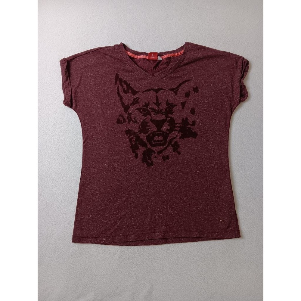 PUMA Womens XS Burgundy Tiger Graphic V-Neck T-Shirt Cap Sleeve Heather Tee